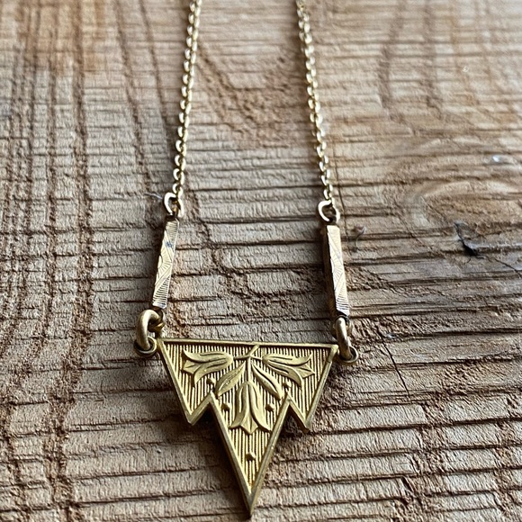 Filigree and Stone Jewelry - Dainty Gold Art Nouveau Triangular Pendant Necklace for layering